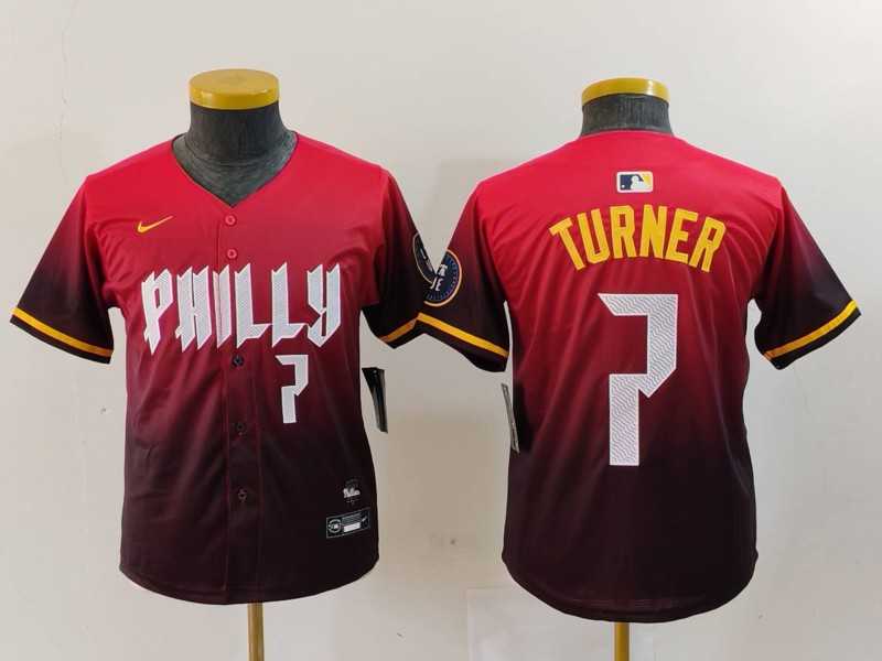 Youth Philadelphia Phillies #7 Trea Turner Number Red 2024 City Connect Limited Jersey